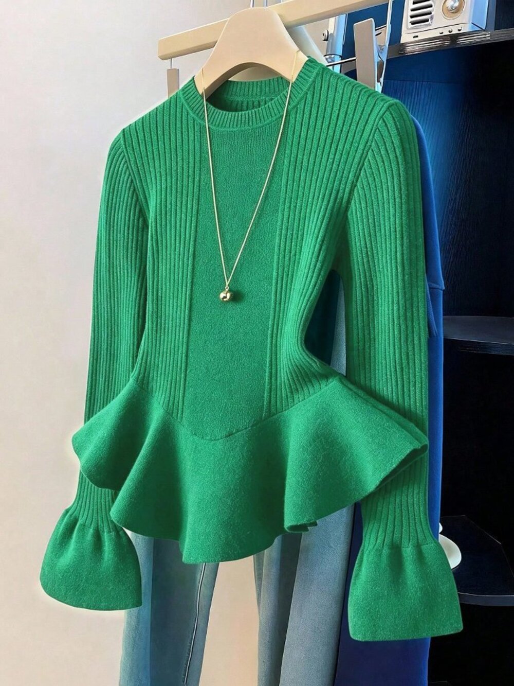 Green Casual Women's Elegant Ruffle Trim Sweater Brunch Forest